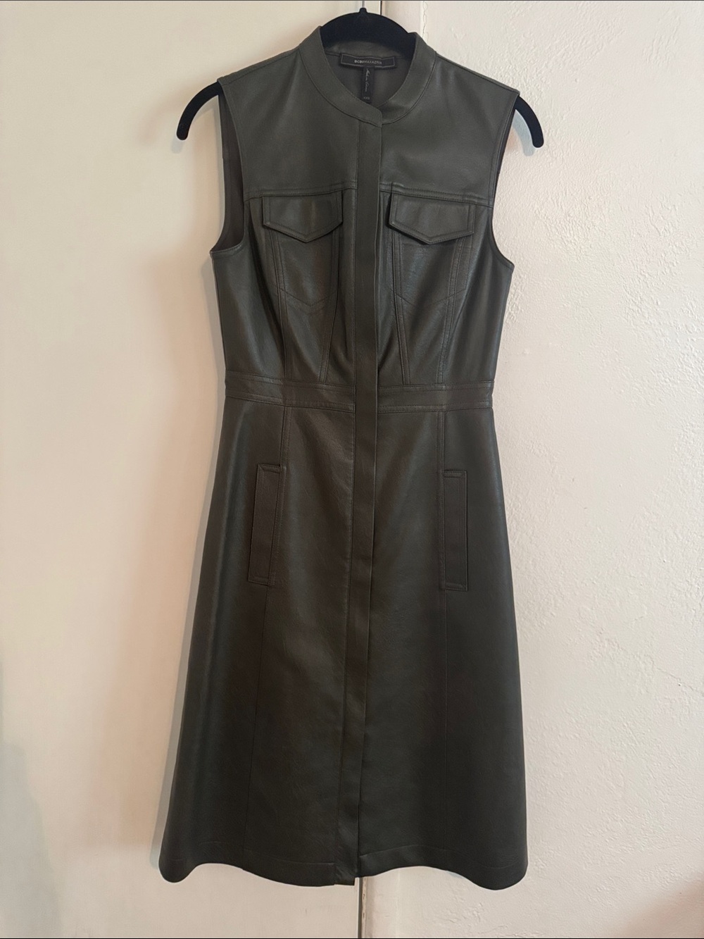 BCBGMaxAzria Olive Green Sleeveless Leather-like Midi Dress
